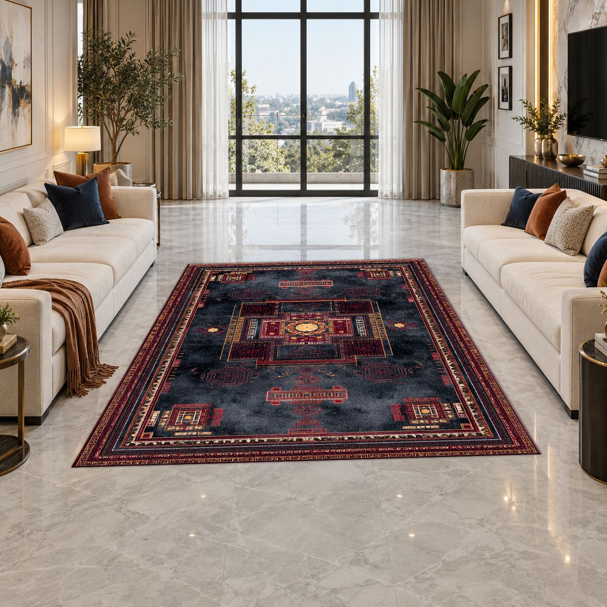 Charcoal and Burgundy Tribal Medallion printed area rug