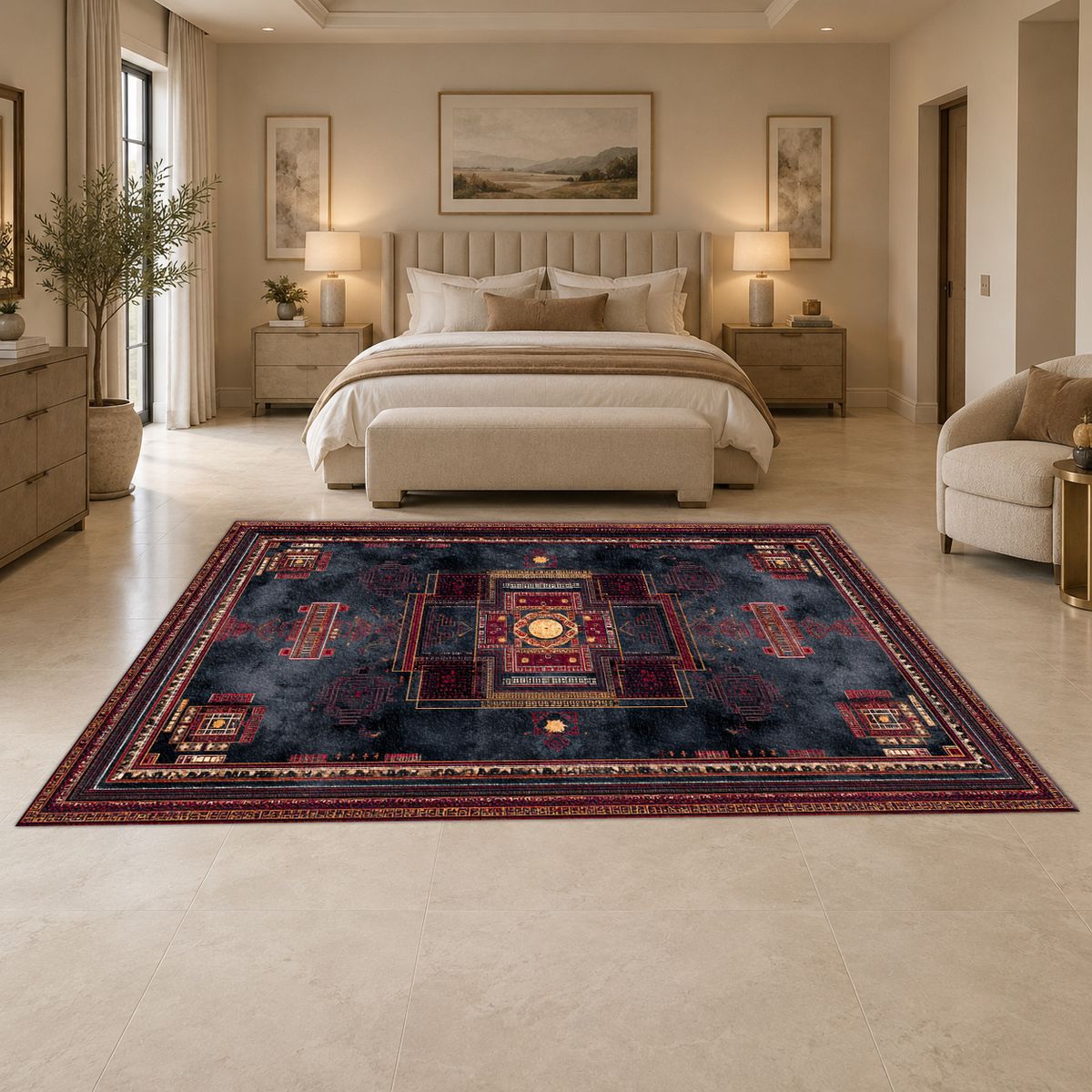 Charcoal and Burgundy Tribal Medallion printed area rug