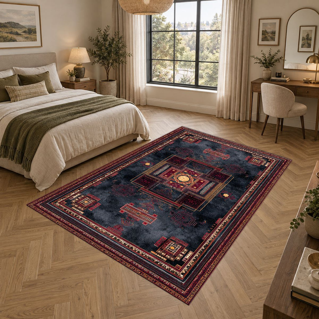 Charcoal and Burgundy Tribal Medallion printed area rug