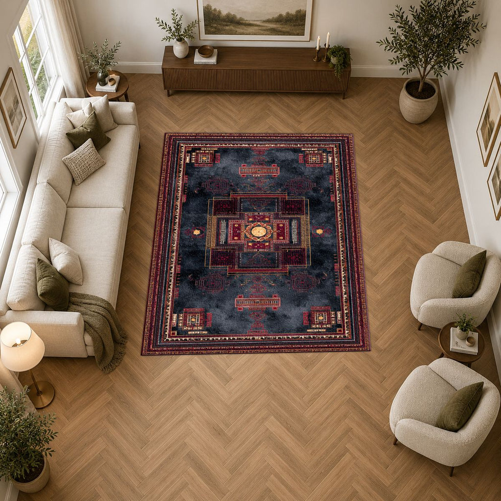 Charcoal and Burgundy Tribal Medallion printed area rug