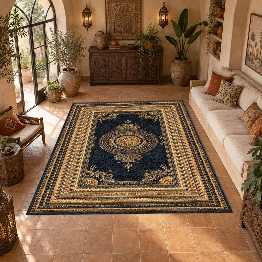 Black and Gold Framed Medallion printed area rug