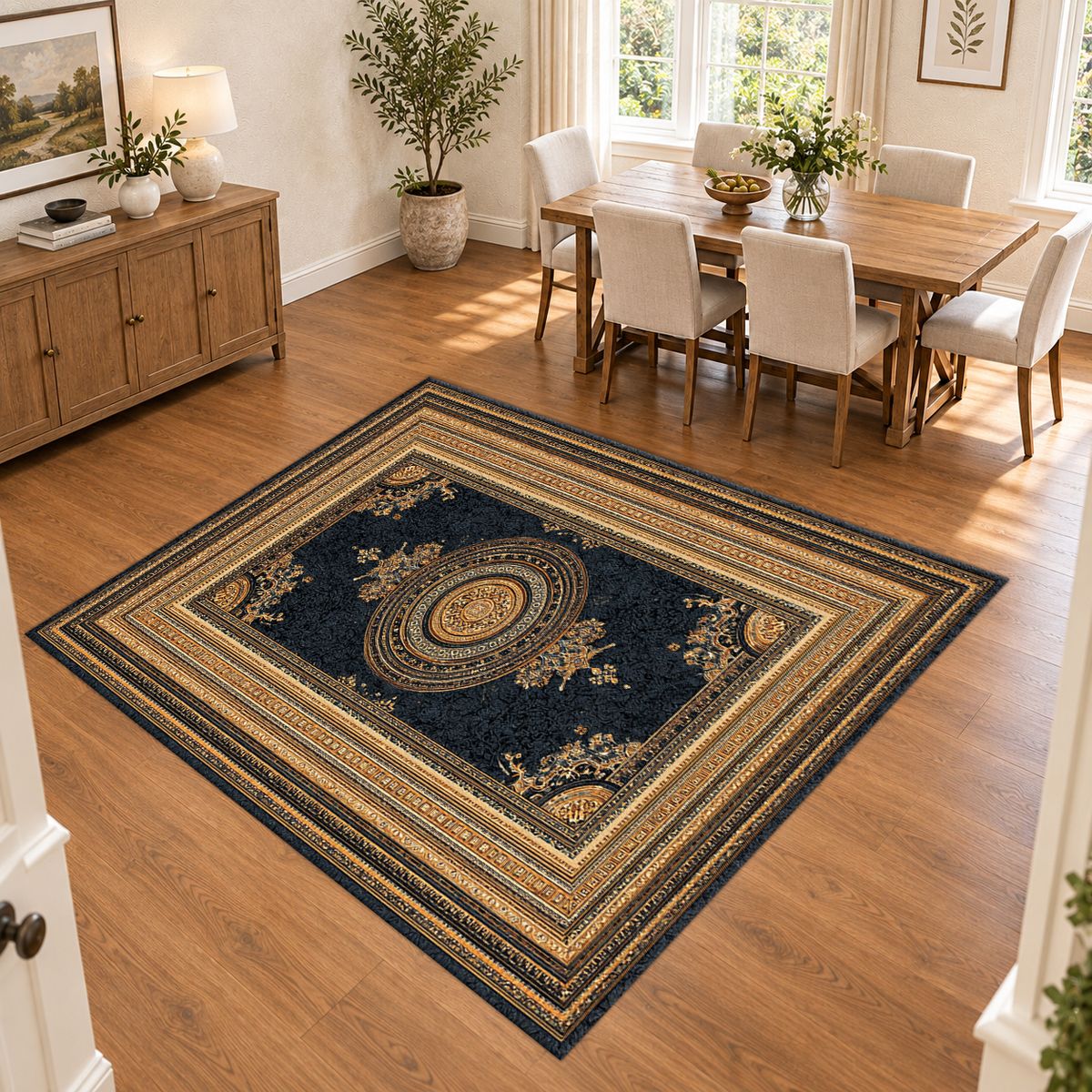Black and Gold Framed Medallion printed area rug