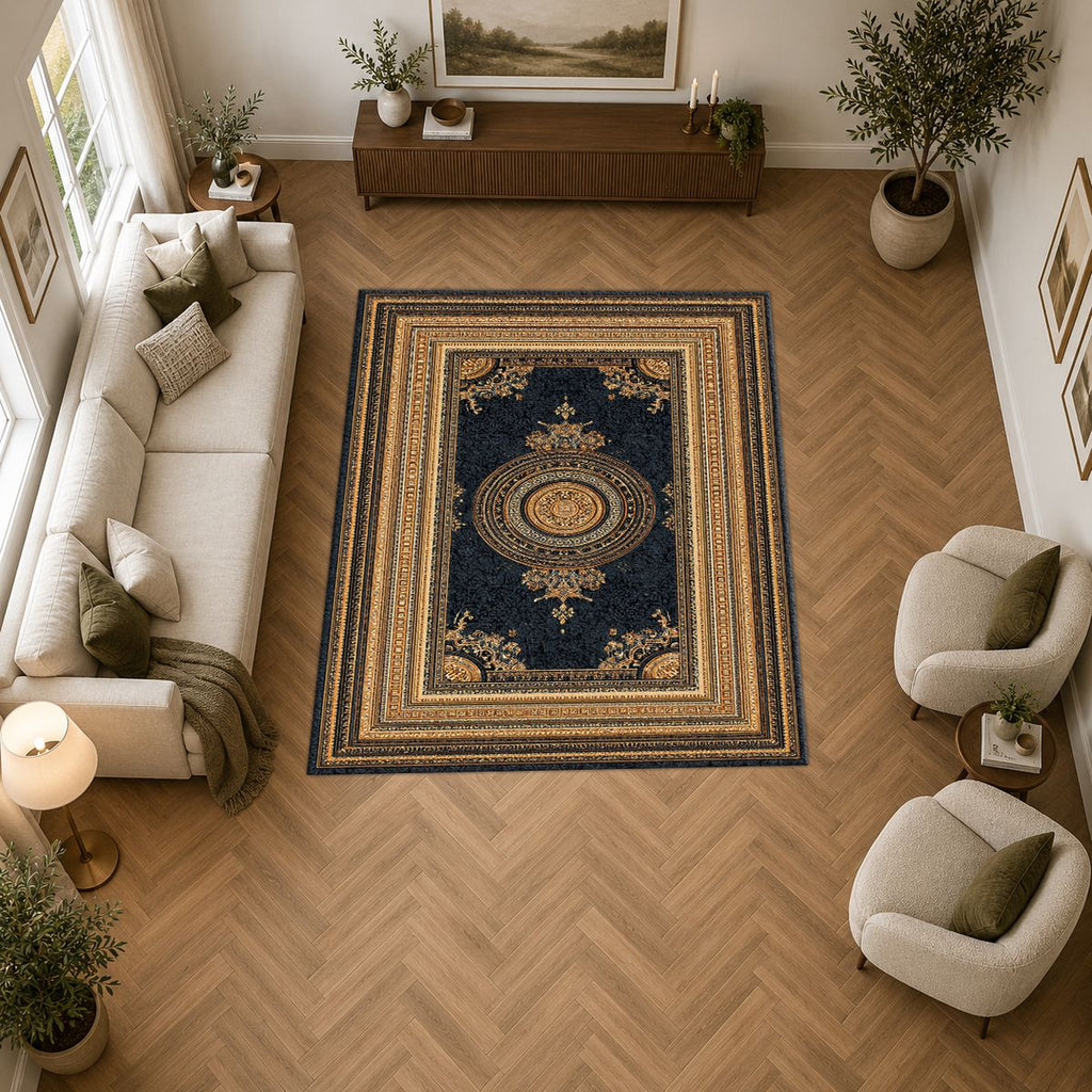 Black and Gold Framed Medallion printed area rug