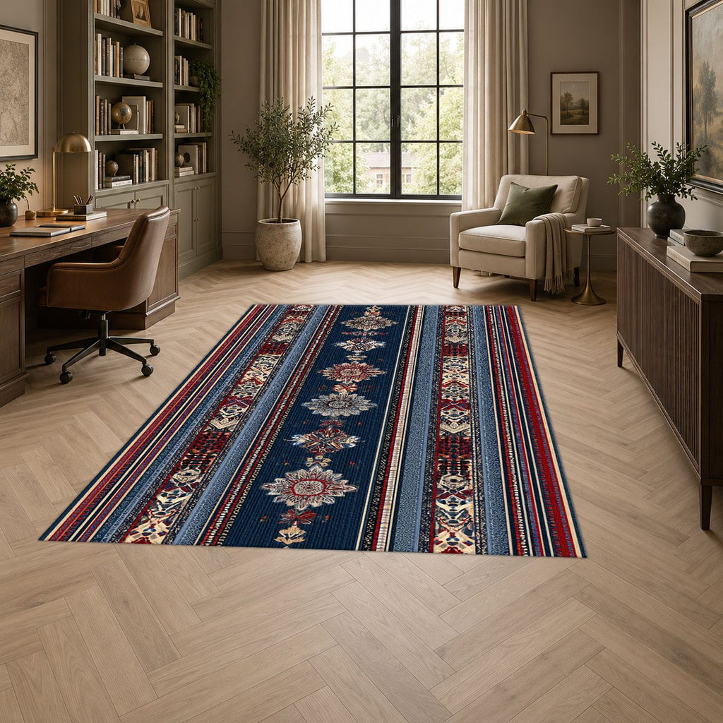 Blue and Red Striped Ornamental Runner printed area rug