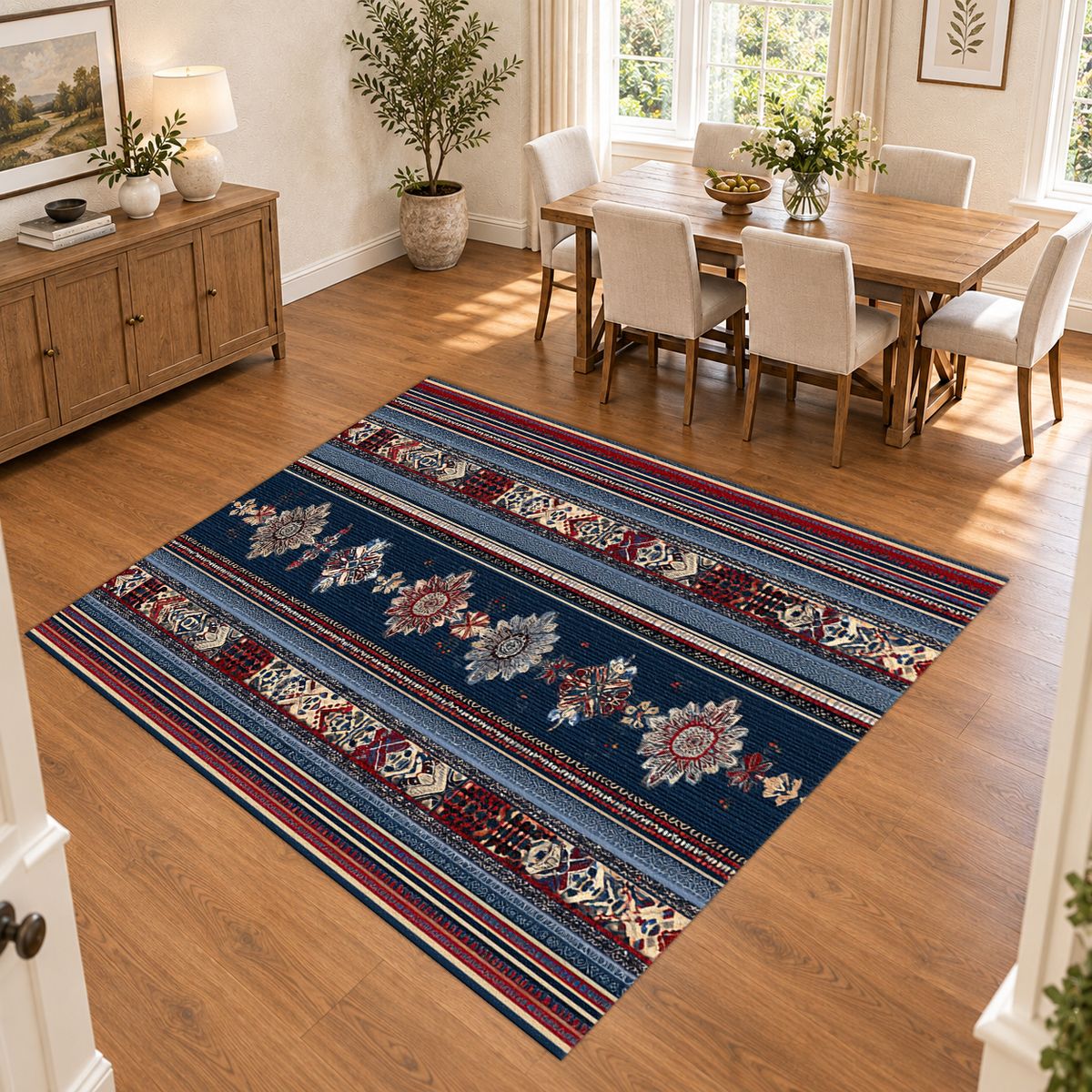 Blue and Red Striped Ornamental Runner printed area rug