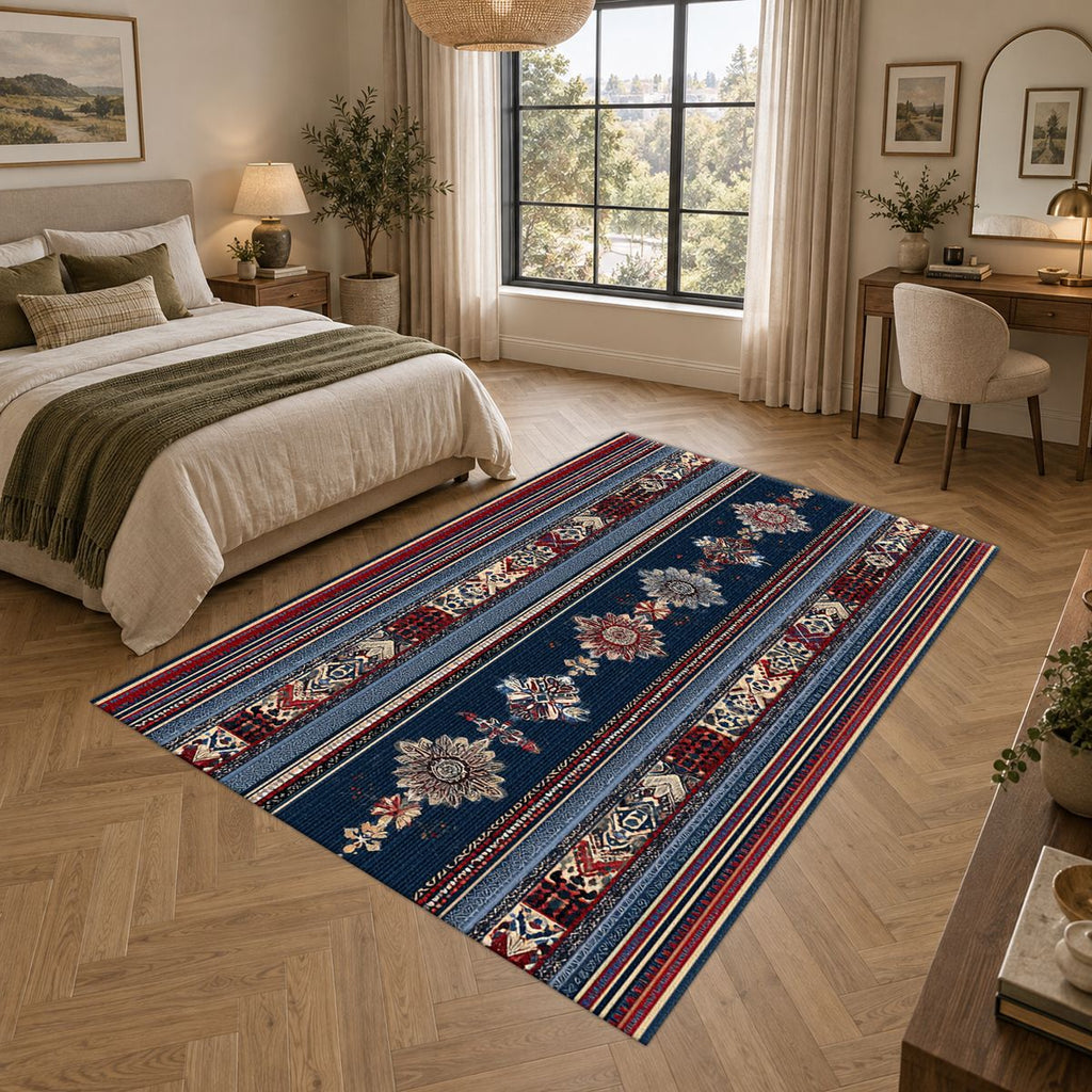 Blue and Red Striped Ornamental Runner printed area rug