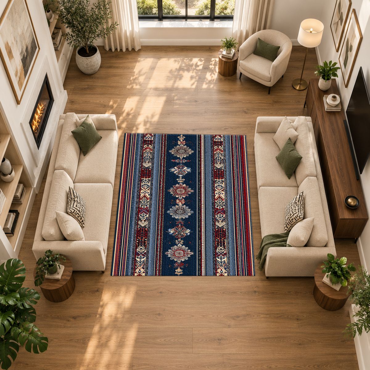 Blue and Red Striped Ornamental Runner printed area rug