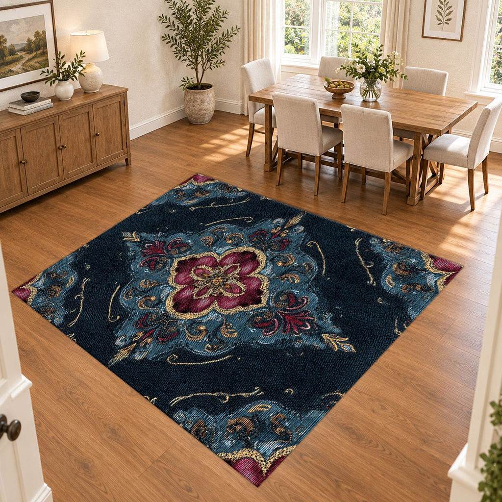 Navy and Magenta Baroque Medallion printed area rug