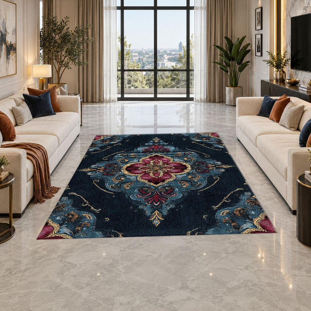 Navy and Magenta Baroque Medallion printed area rug