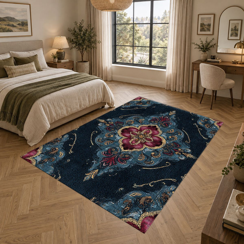 Navy and Magenta Baroque Medallion printed area rug