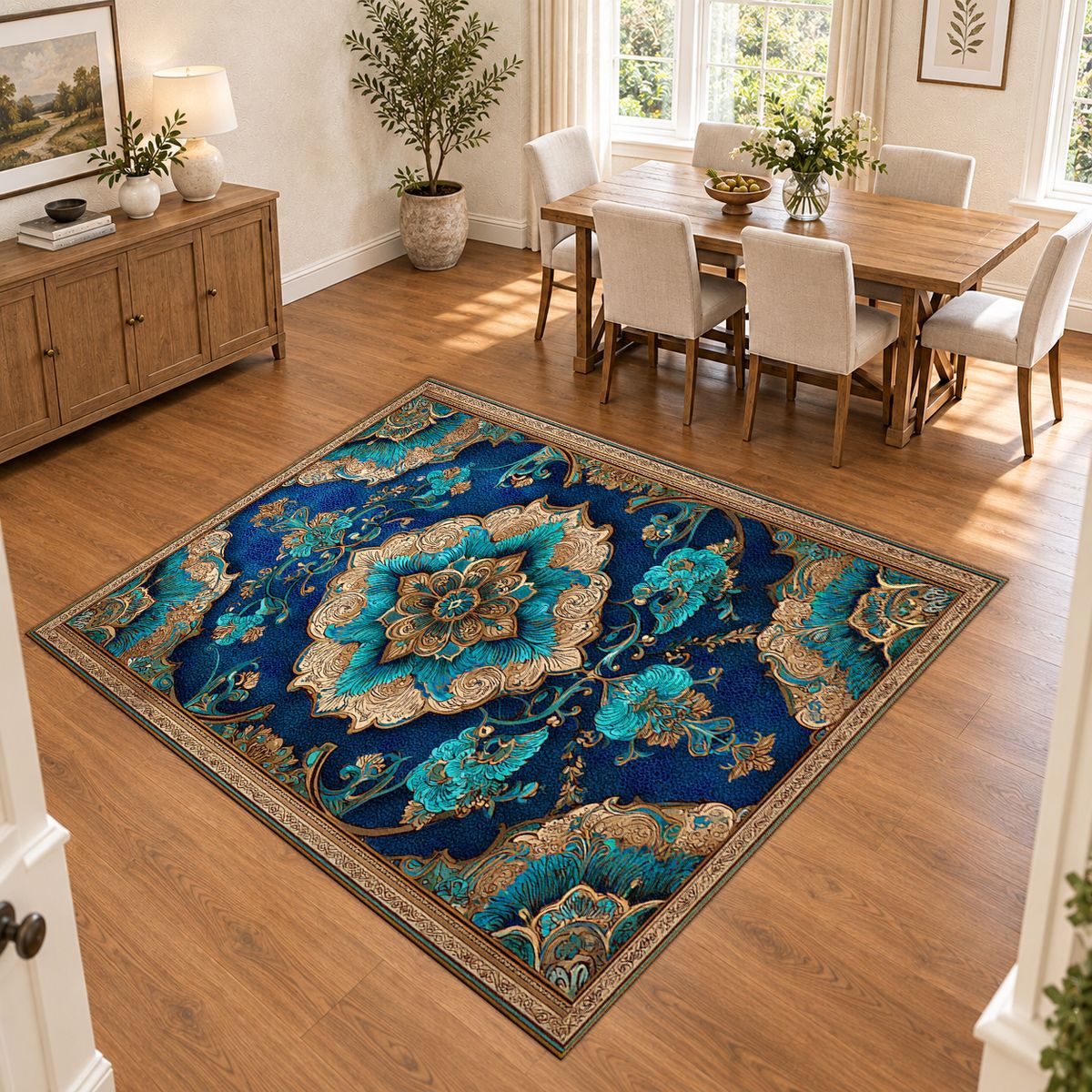 Turquoise and Gold Ornate Medallion printed area rug