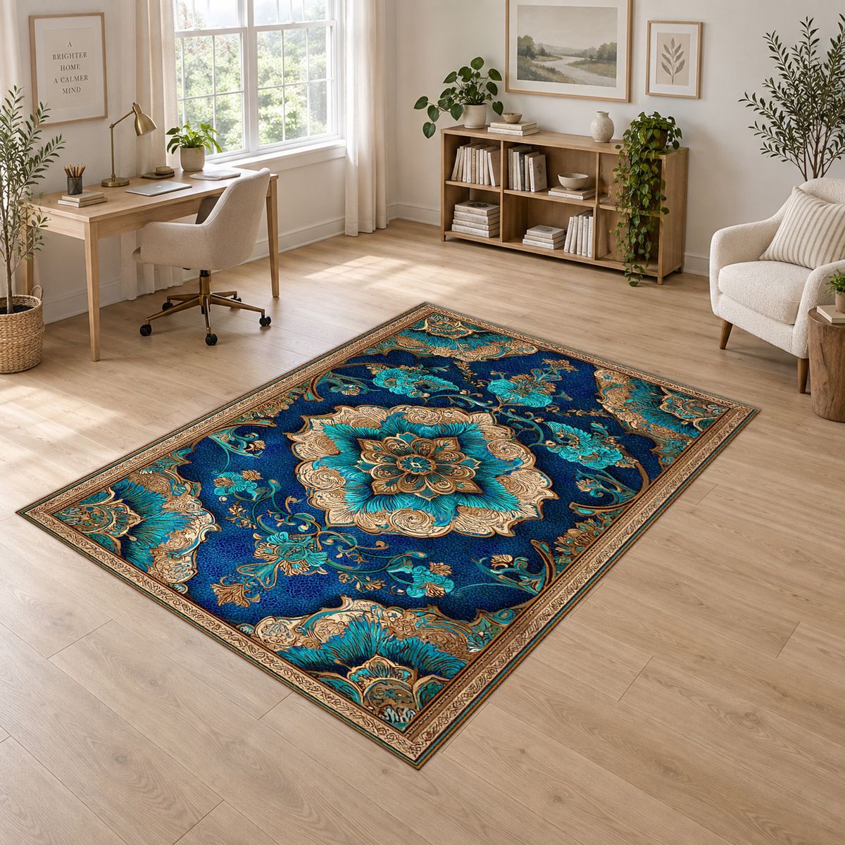 Turquoise and Gold Ornate Medallion printed area rug