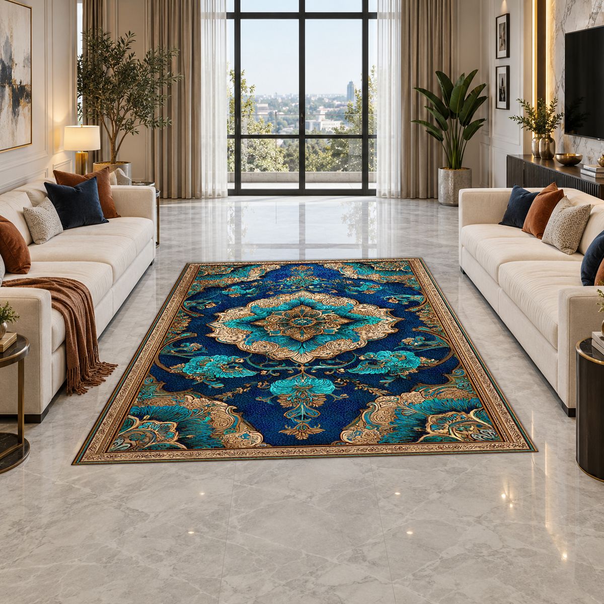 Turquoise and Gold Ornate Medallion printed area rug