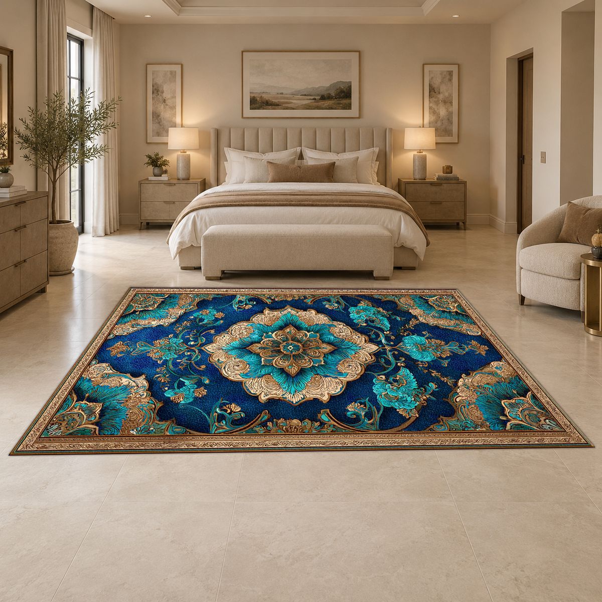 Turquoise and Gold Ornate Medallion printed area rug