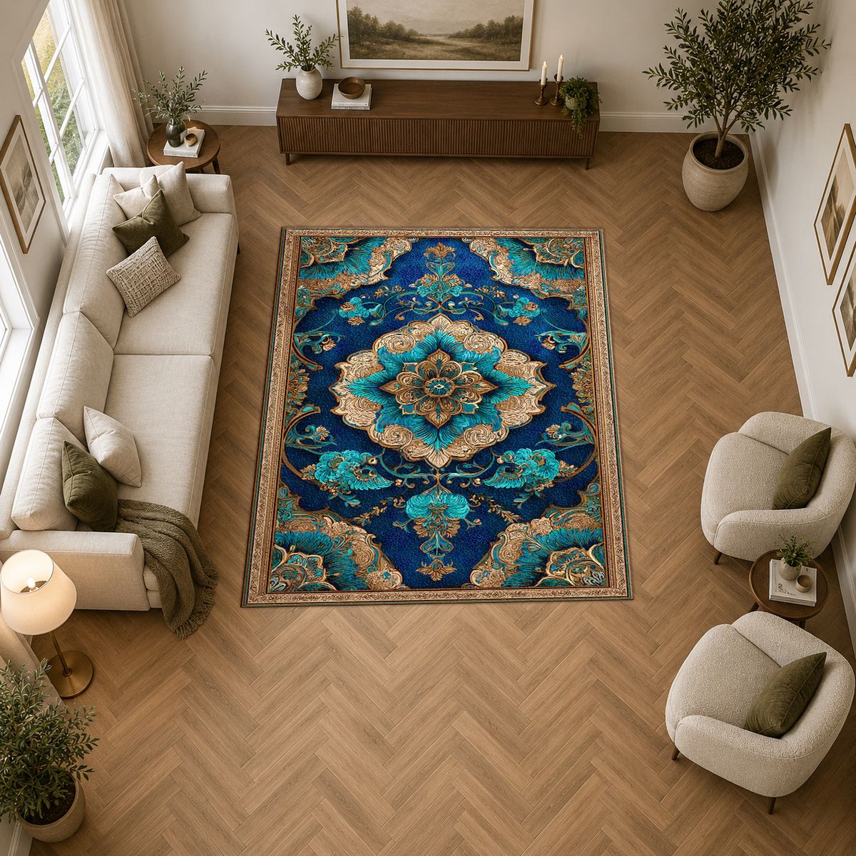 Turquoise and Gold Ornate Medallion printed area rug