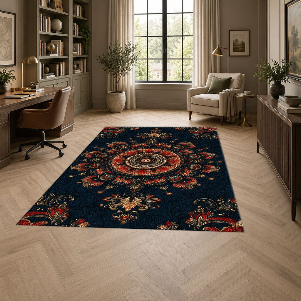Black and Rust Ornate Medallion printed area rug