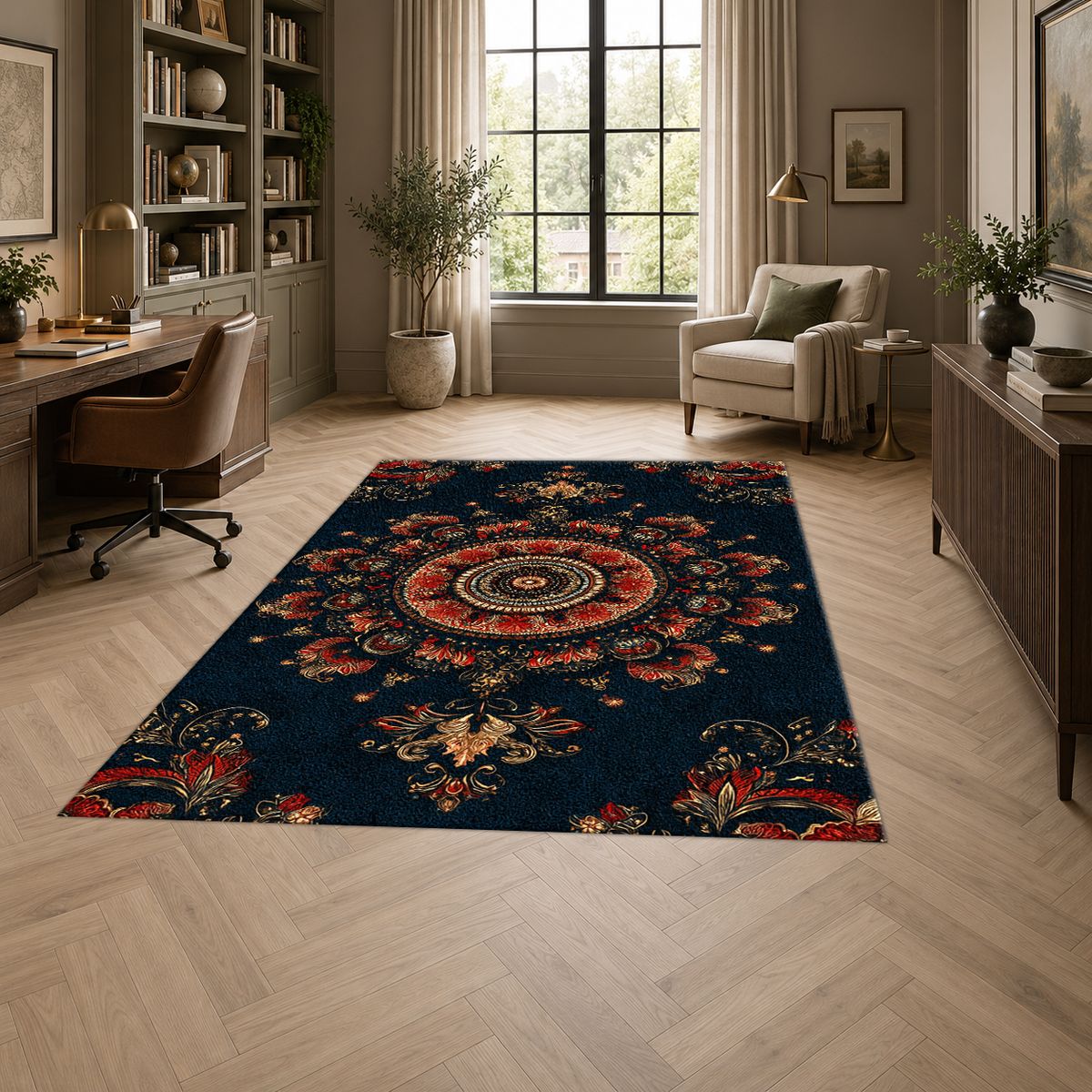 Black and Rust Ornate Medallion printed area rug
