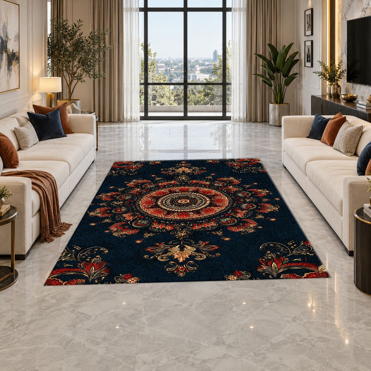 Black and Rust Ornate Medallion printed area rug