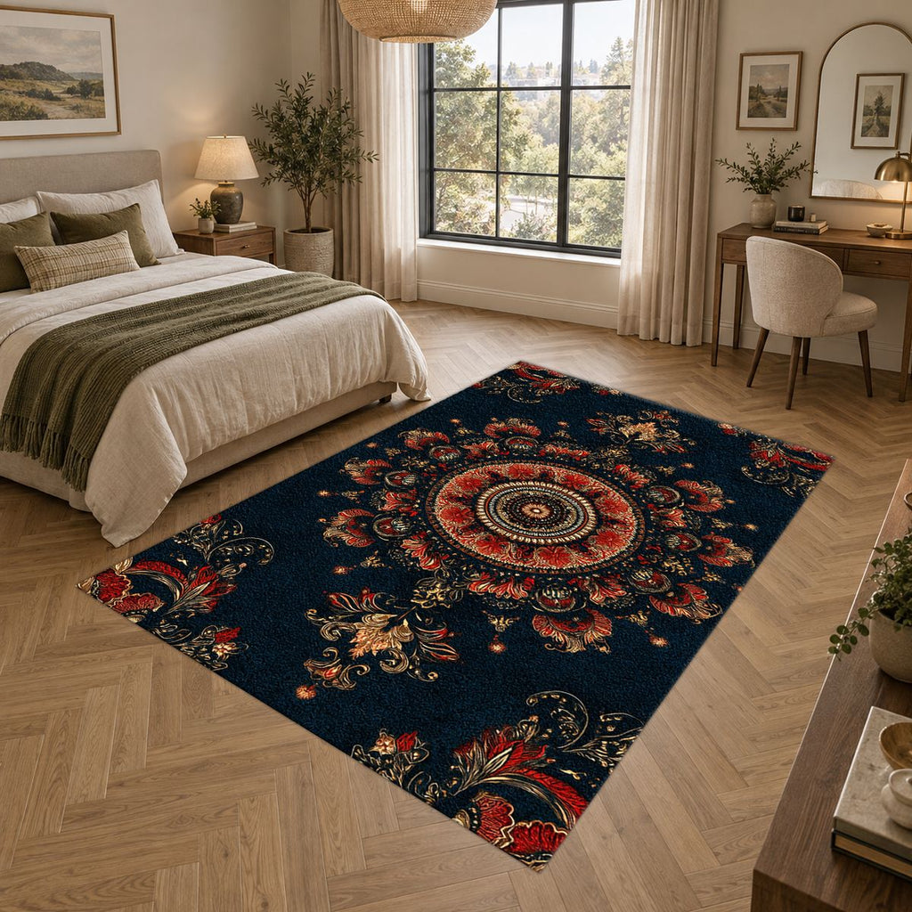 Black and Rust Ornate Medallion printed area rug