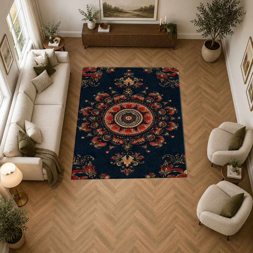 Black and Rust Ornate Medallion printed area rug