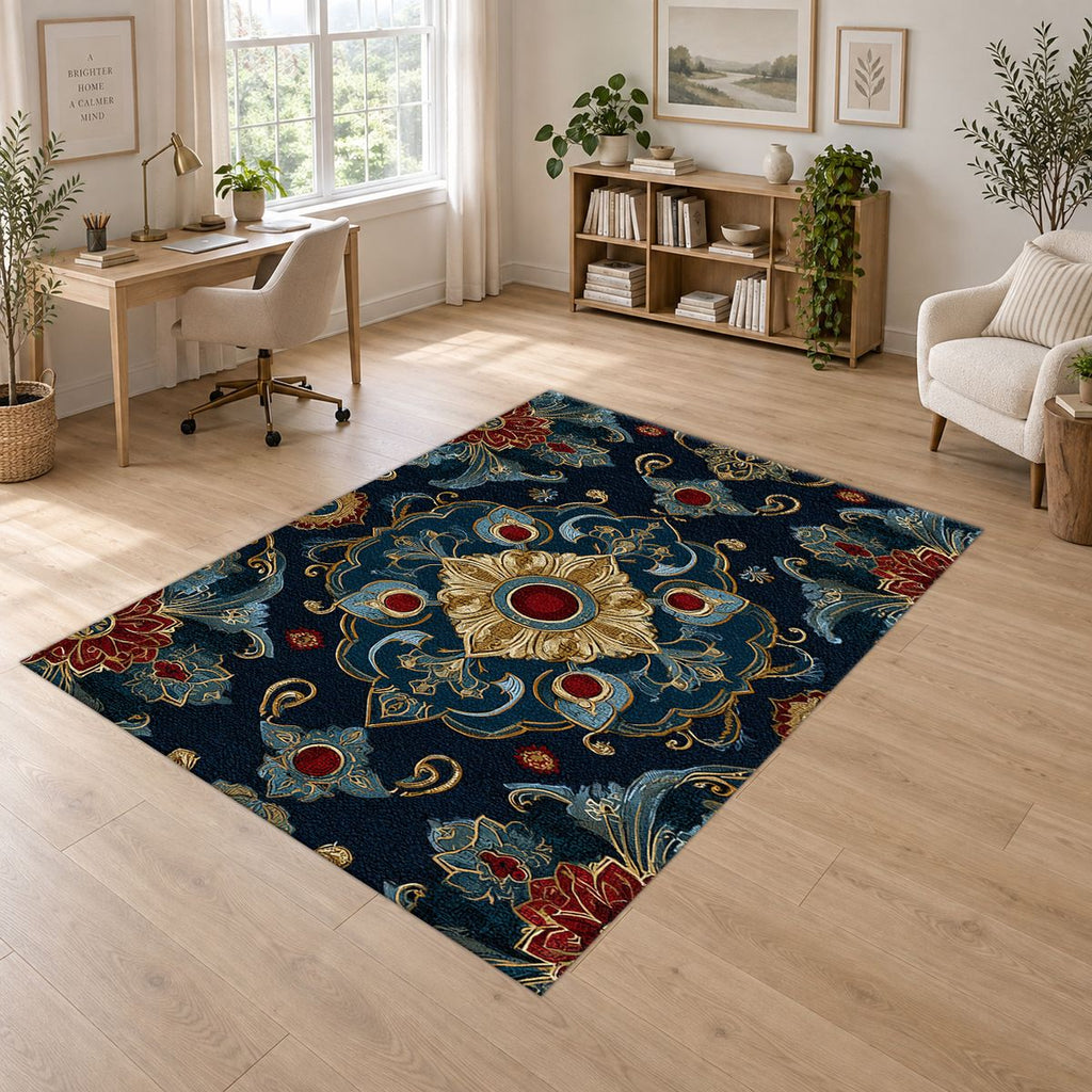 Navy and Gold Jeweled Medallion printed area rug