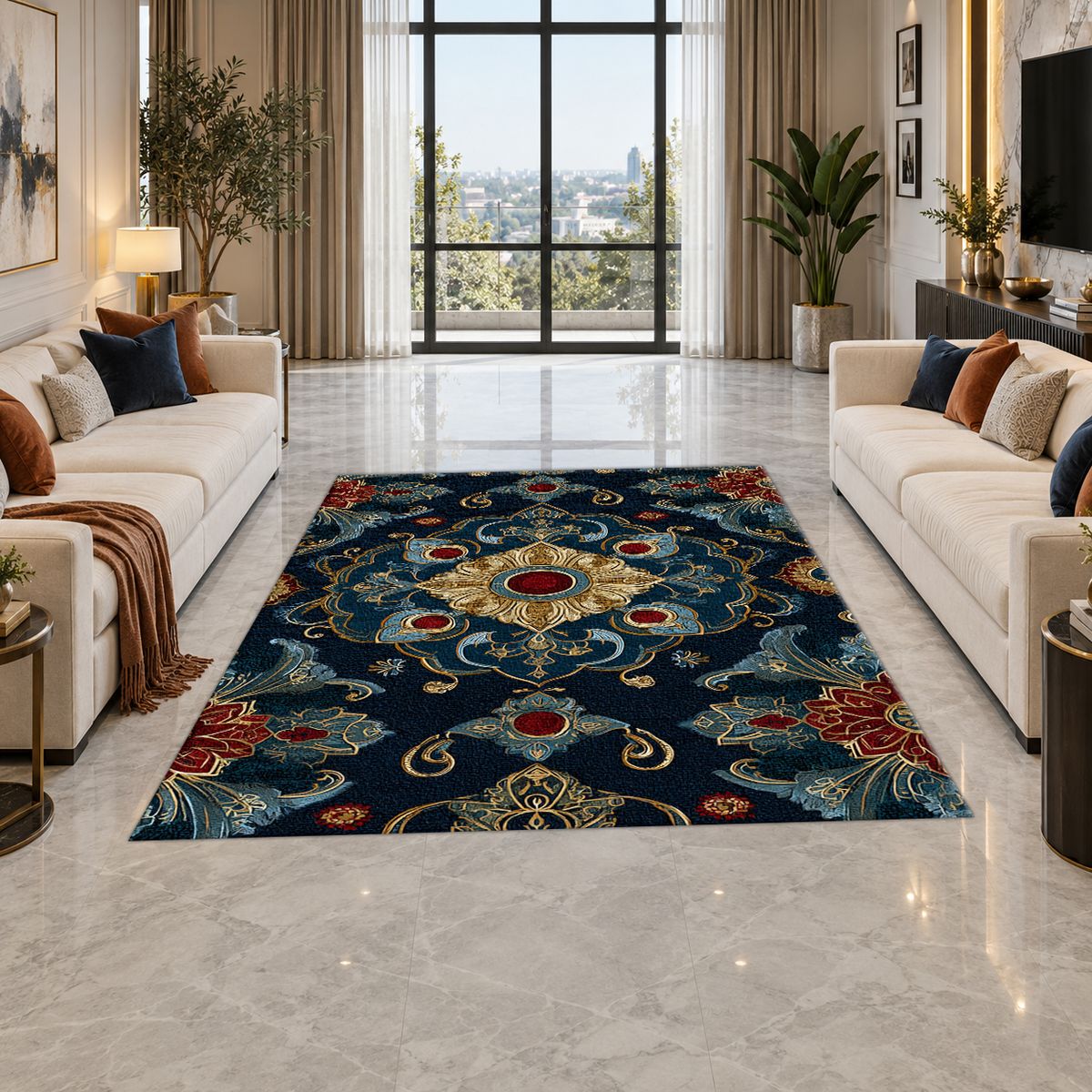 Navy and Gold Jeweled Medallion printed area rug
