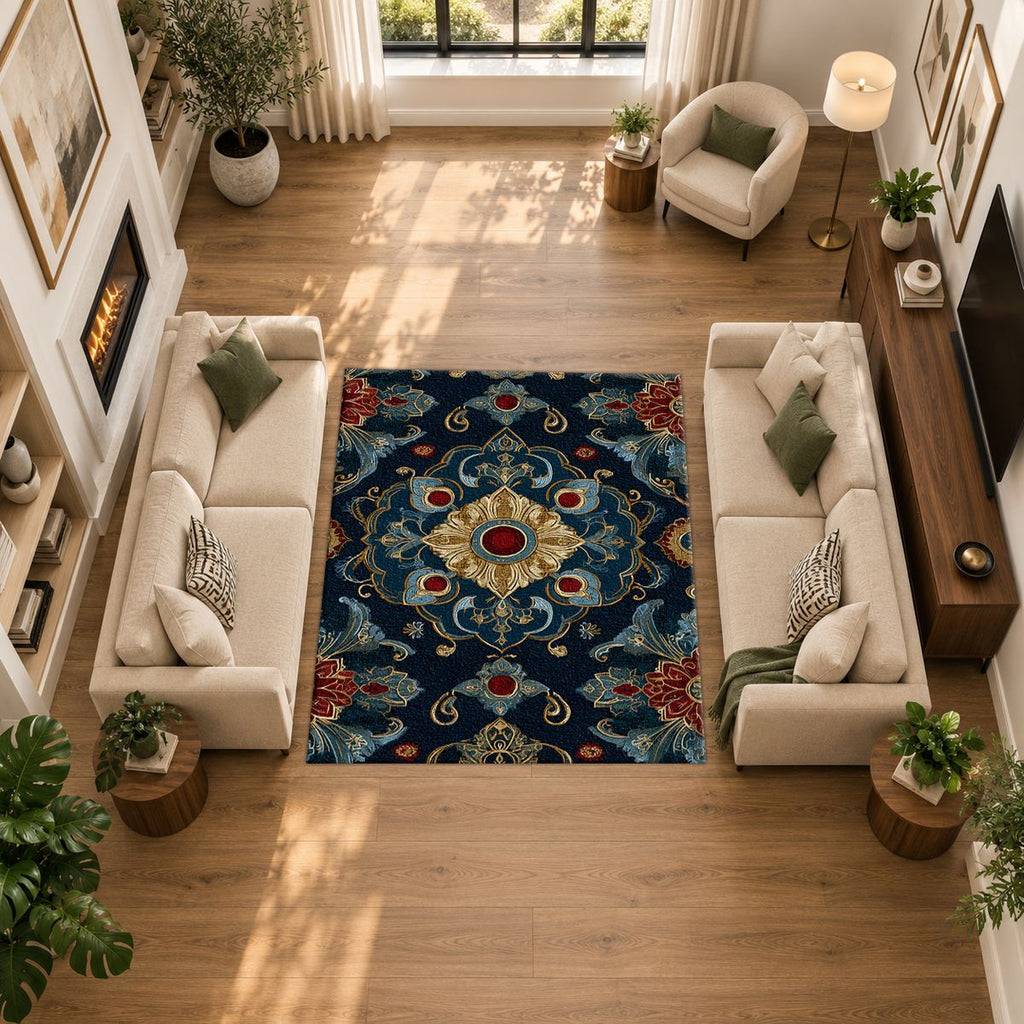 Navy and Gold Jeweled Medallion printed area rug