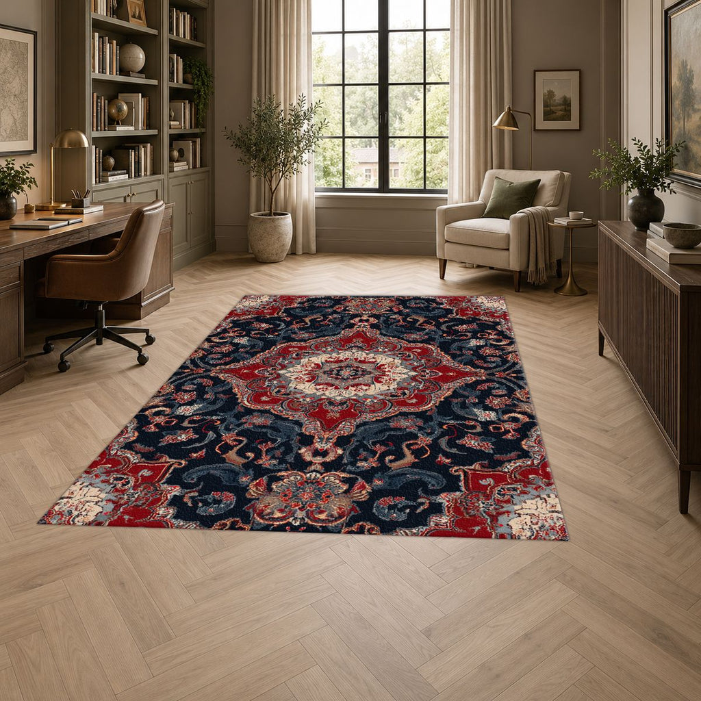 Red and Navy Floral Persian Medallion printed area rug