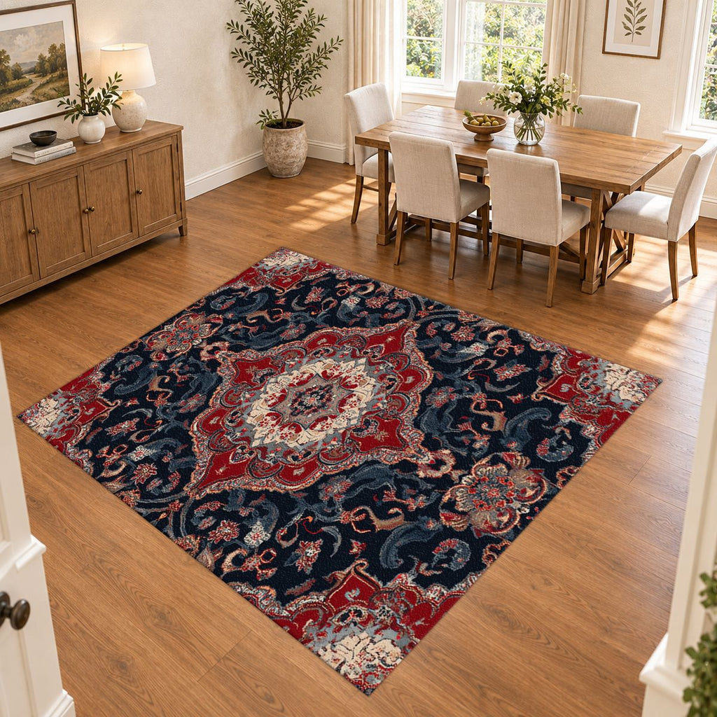 Red and Navy Floral Persian Medallion printed area rug