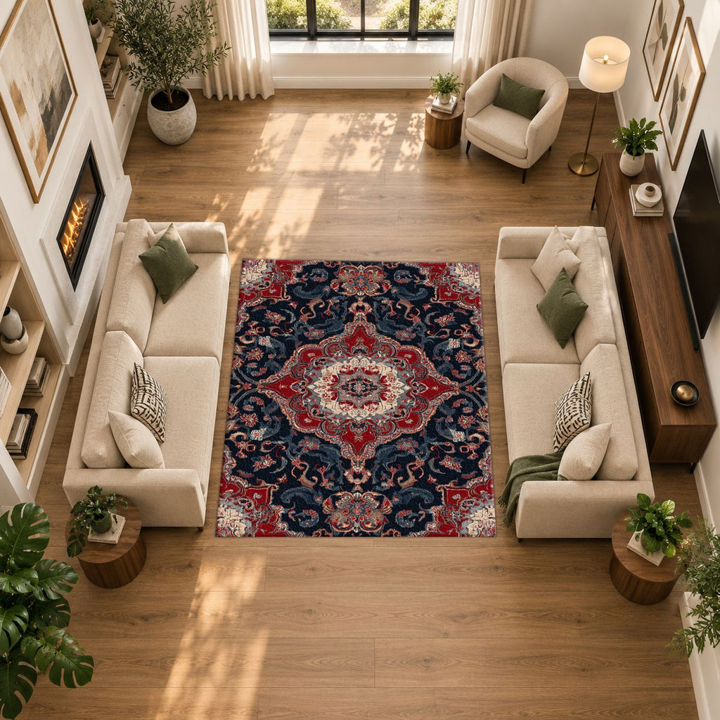 Red and Navy Floral Persian Medallion printed area rug