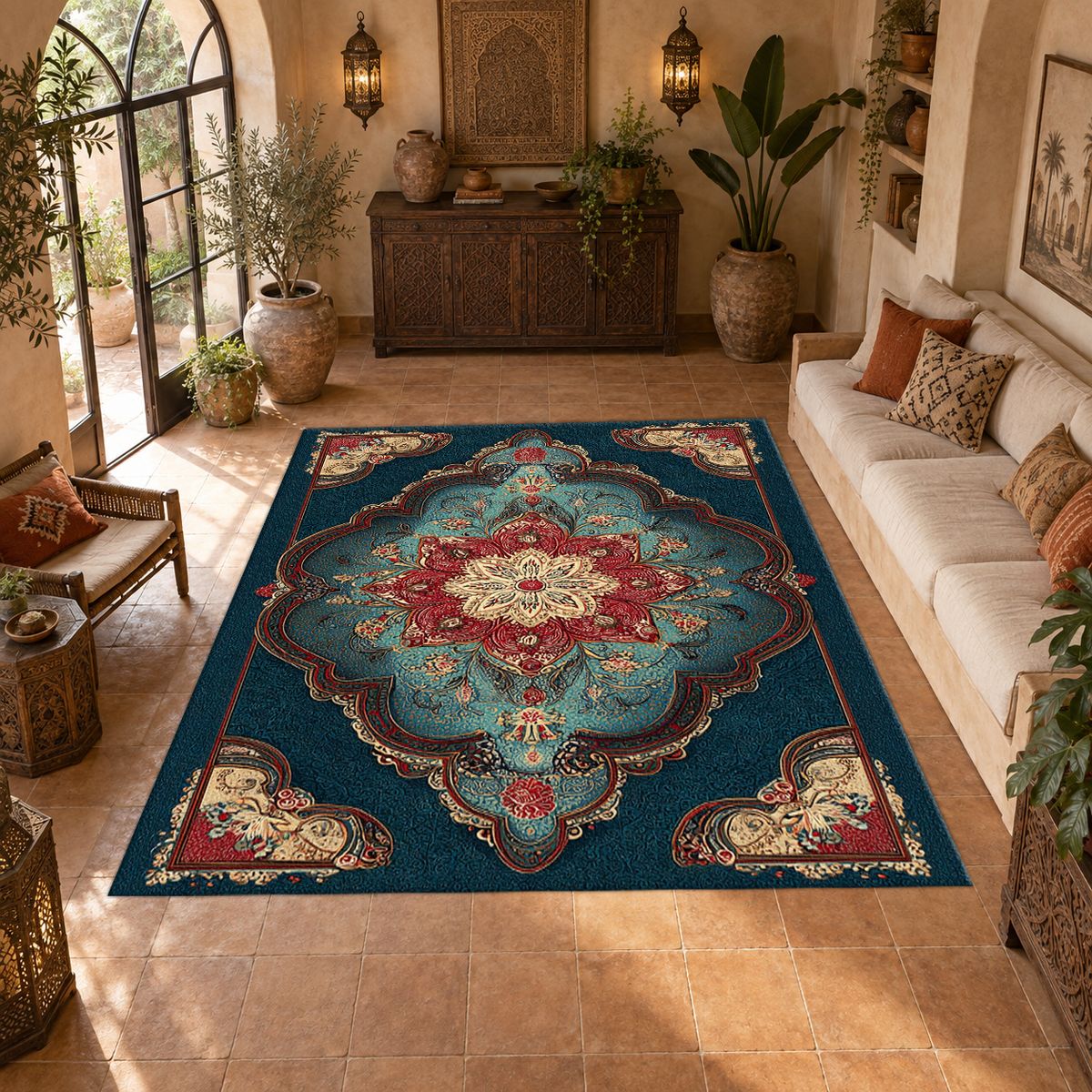 Teal and Coral Vintage Medallion printed area rug