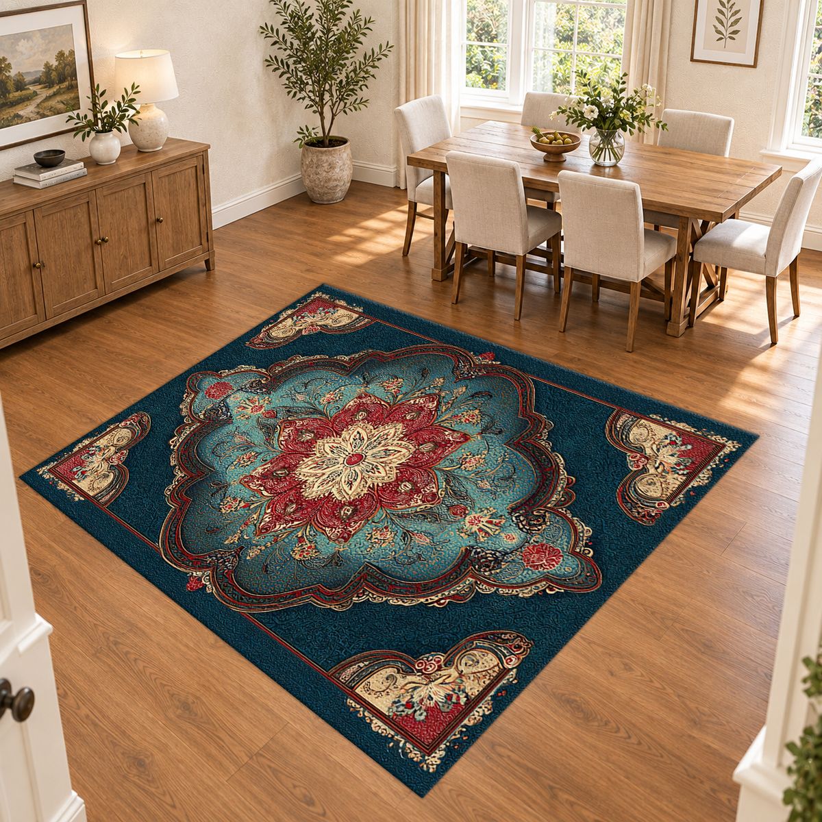Teal and Coral Vintage Medallion printed area rug