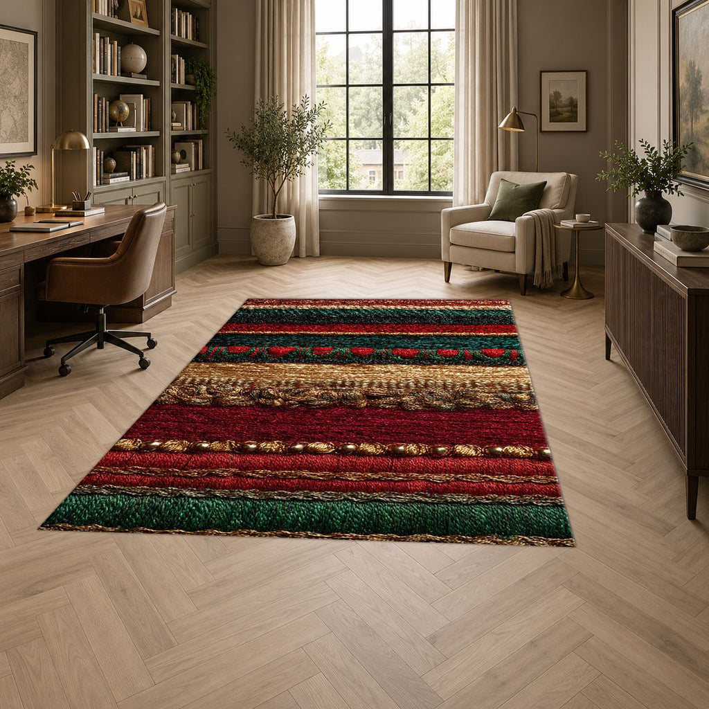 Red Green and Gold Striped Woven printed area rug