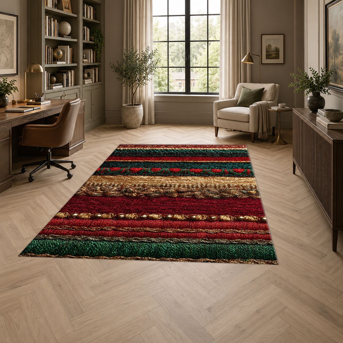 Red Green and Gold Striped Woven printed area rug