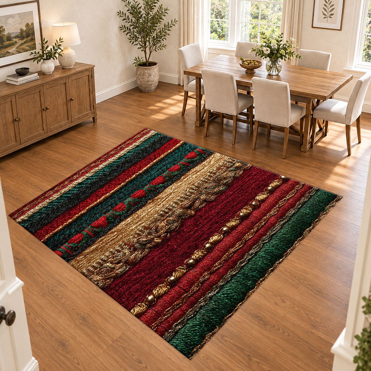 Red Green and Gold Striped Woven printed area rug