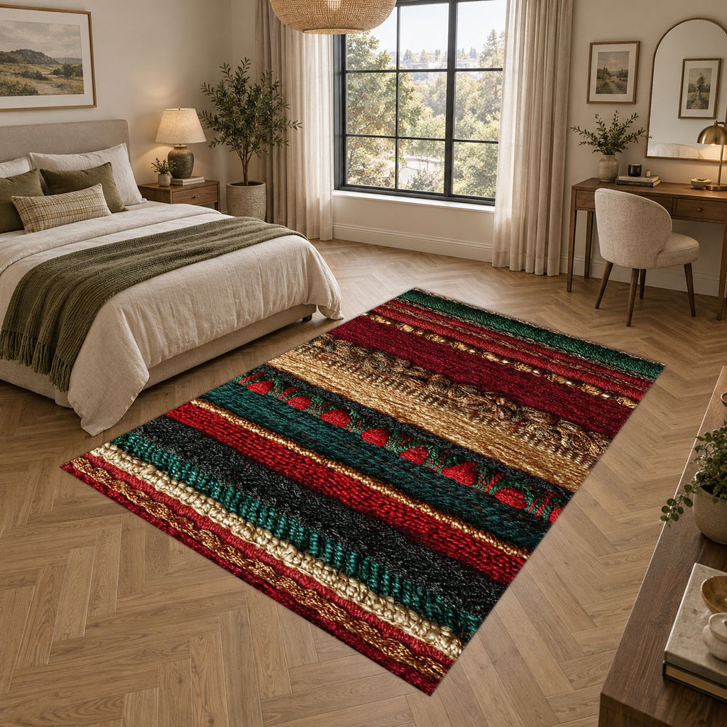 Red Green and Gold Striped Woven printed area rug