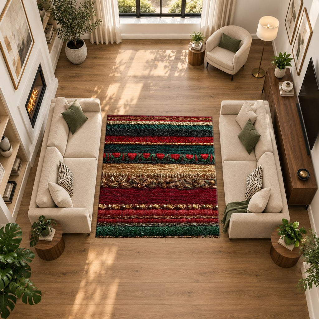 Red Green and Gold Striped Woven printed area rug