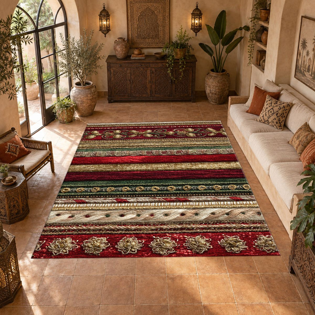Red and Gold Ornate Striped printed area rug