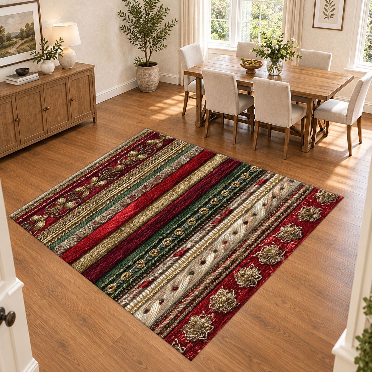 Red and Gold Ornate Striped printed area rug