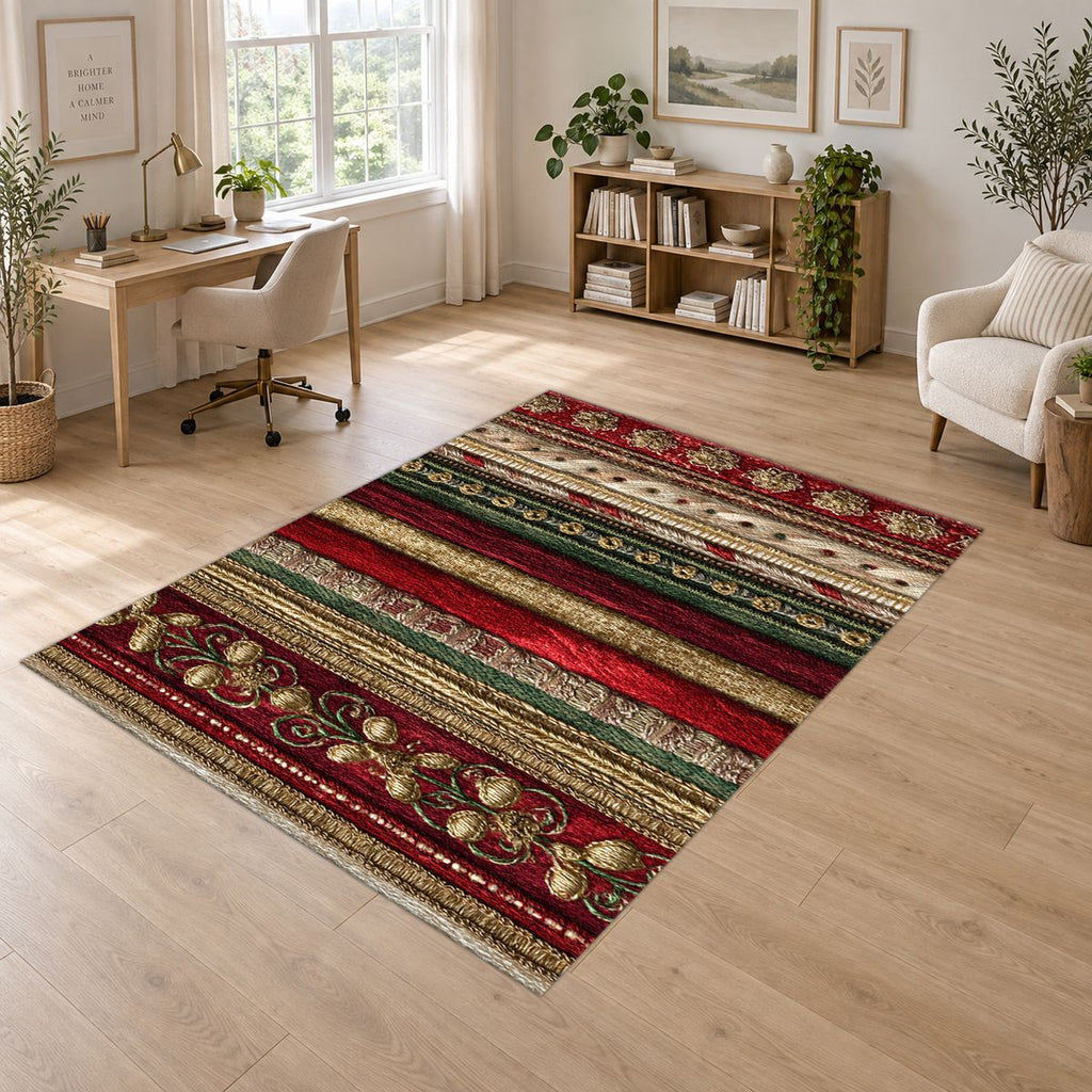 Red and Gold Ornate Striped printed area rug