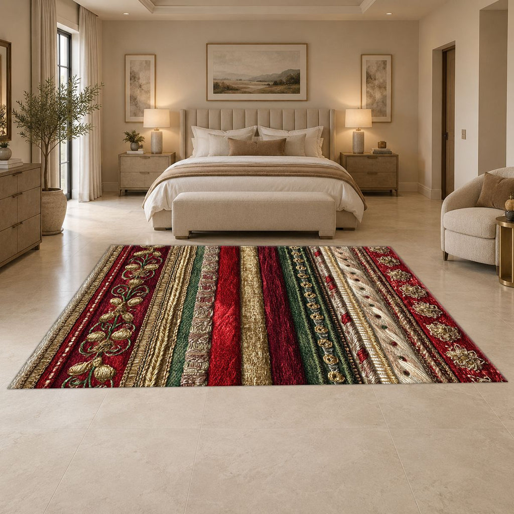 Red and Gold Ornate Striped printed area rug