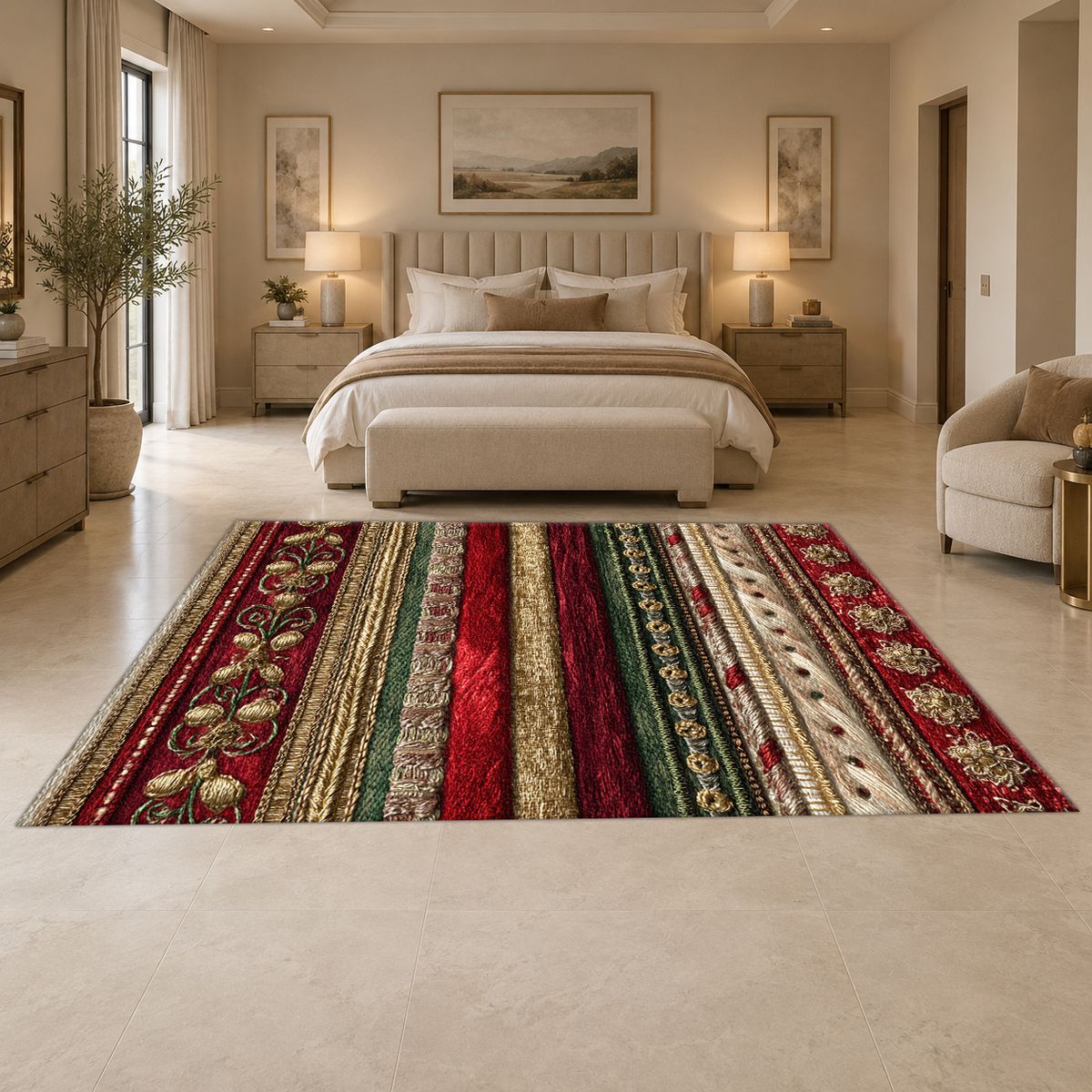 Red and Gold Ornate Striped printed area rug
