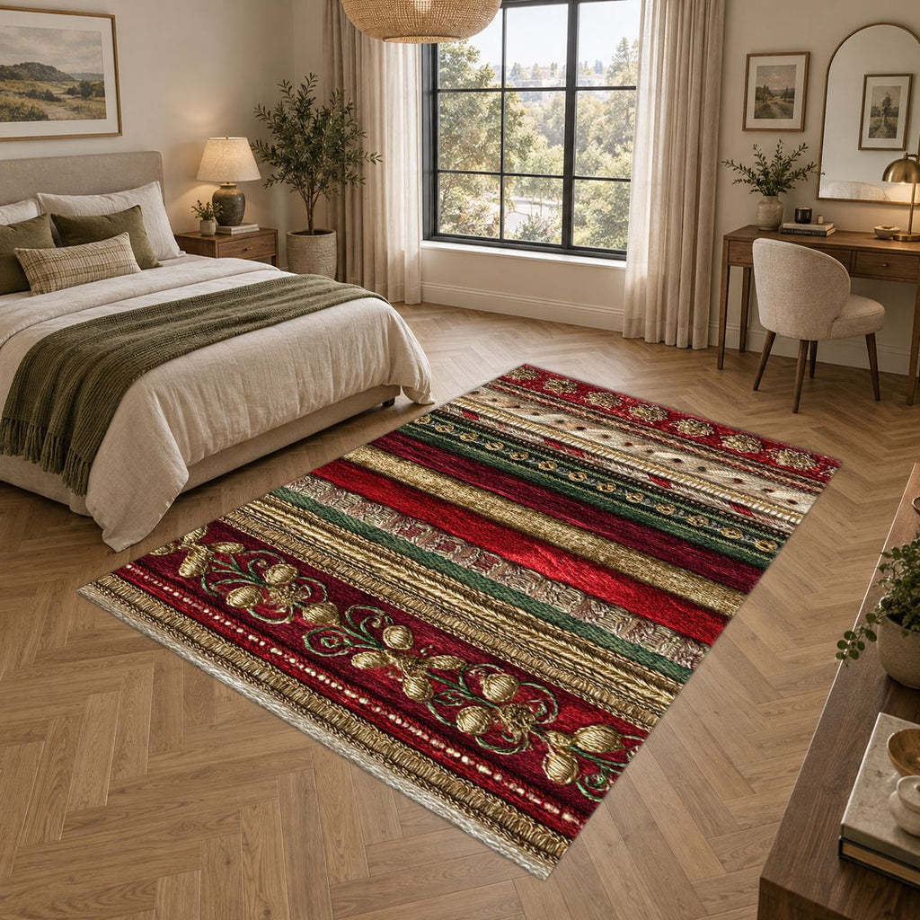 Red and Gold Ornate Striped printed area rug