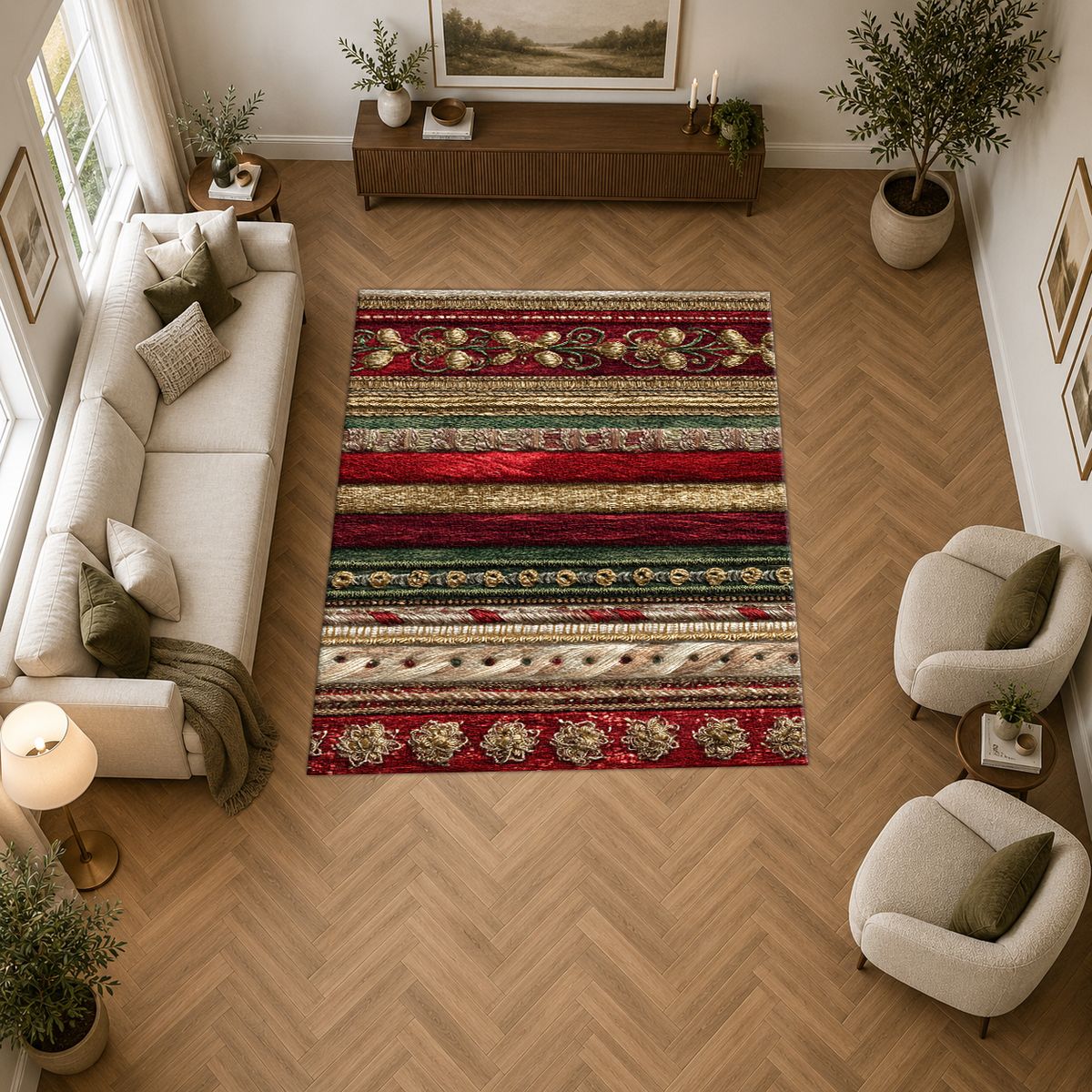 Red and Gold Ornate Striped printed area rug