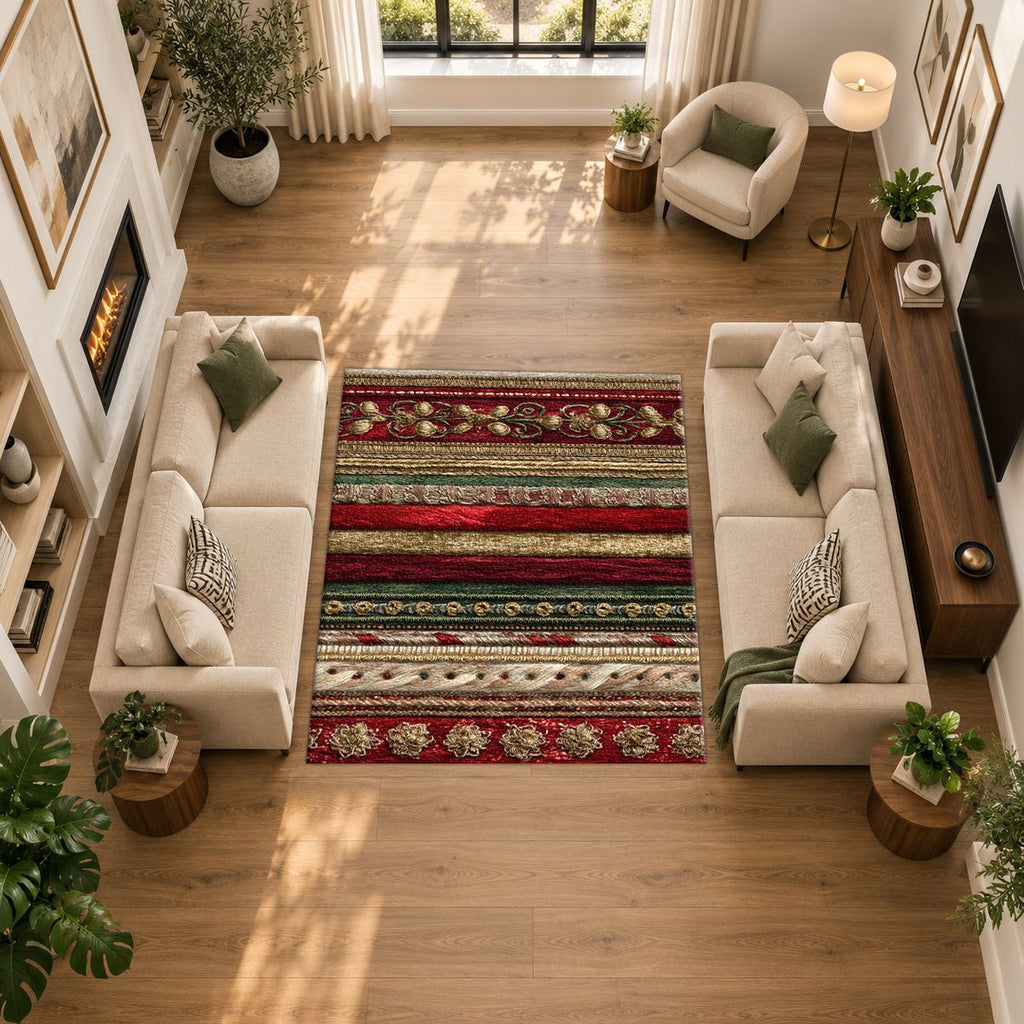 Red and Gold Ornate Striped printed area rug