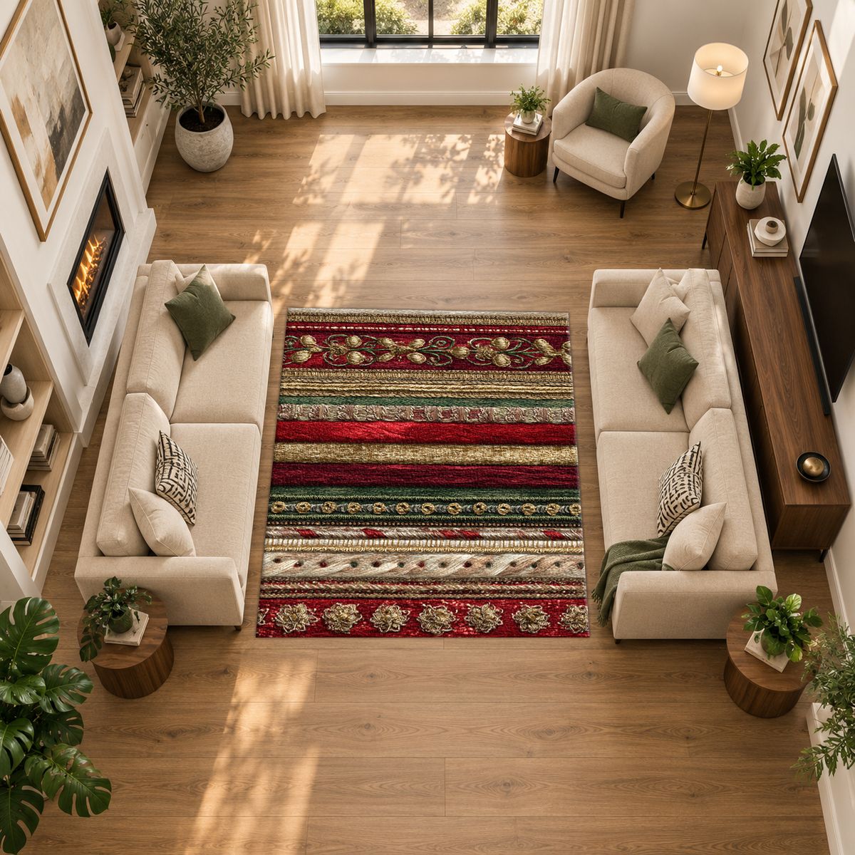 Red and Gold Ornate Striped printed area rug