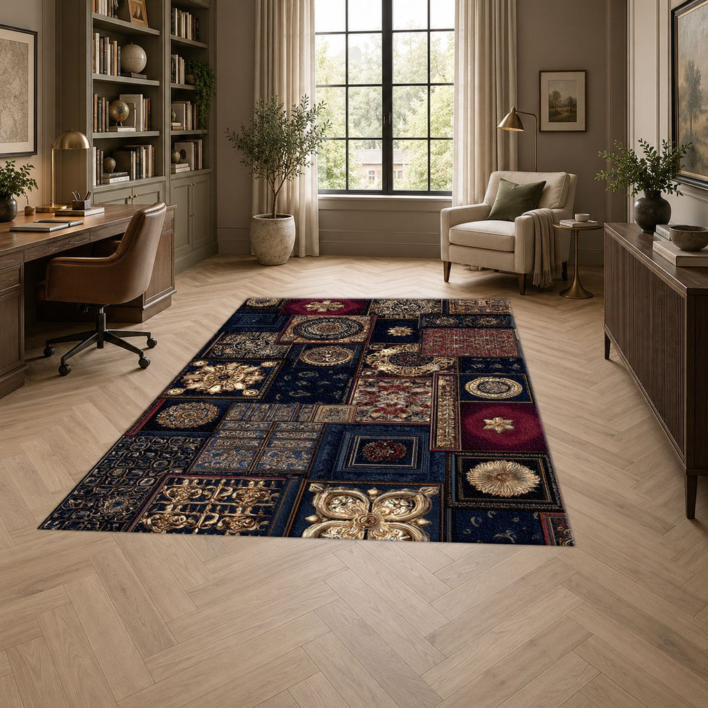 Navy and Gold Ornate Patchwork printed area rug