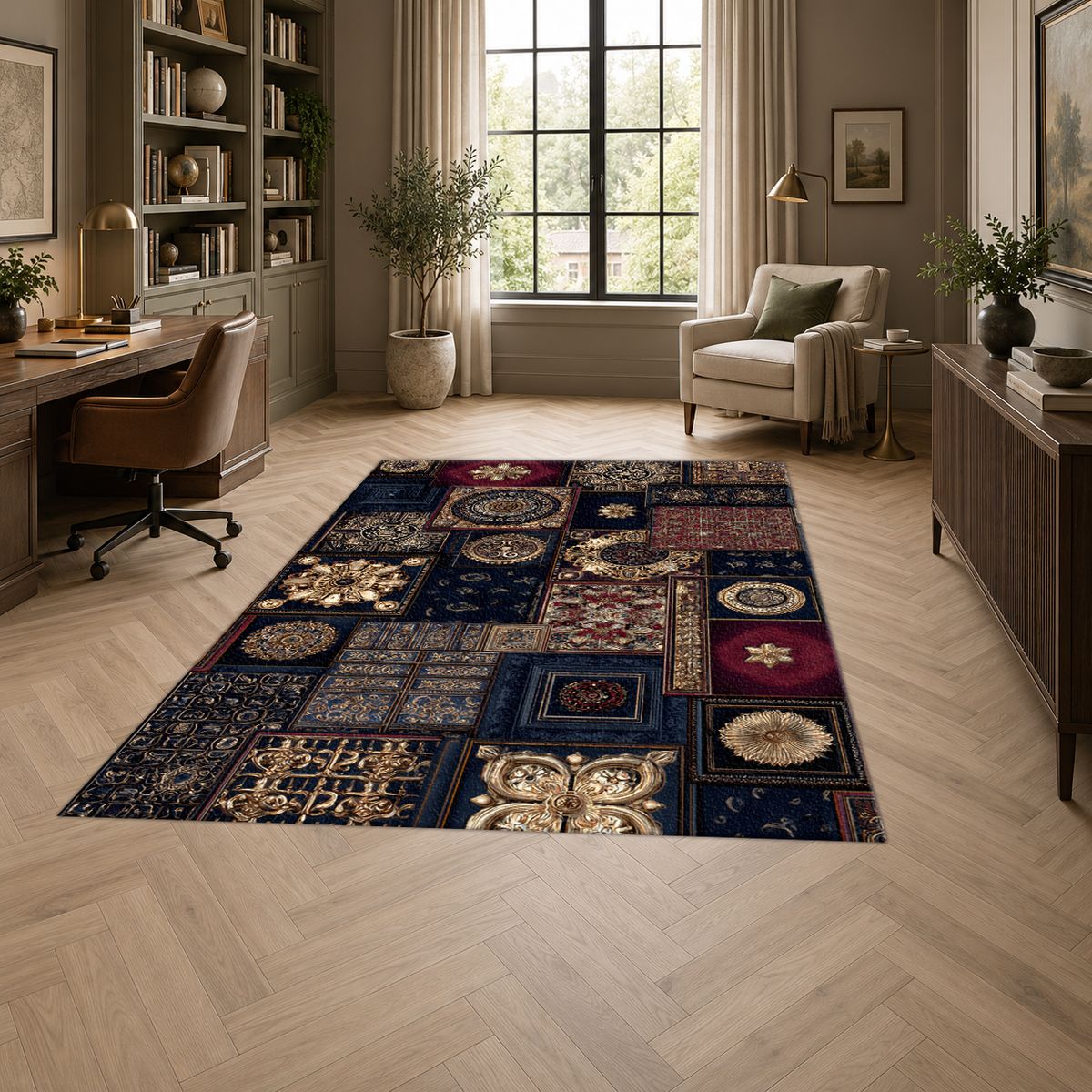 Navy and Gold Ornate Patchwork printed area rug