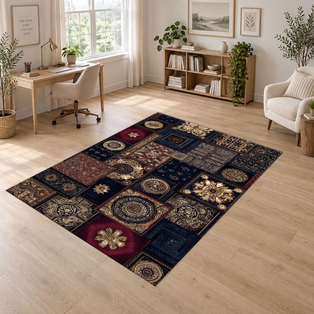 Navy and Gold Ornate Patchwork printed area rug
