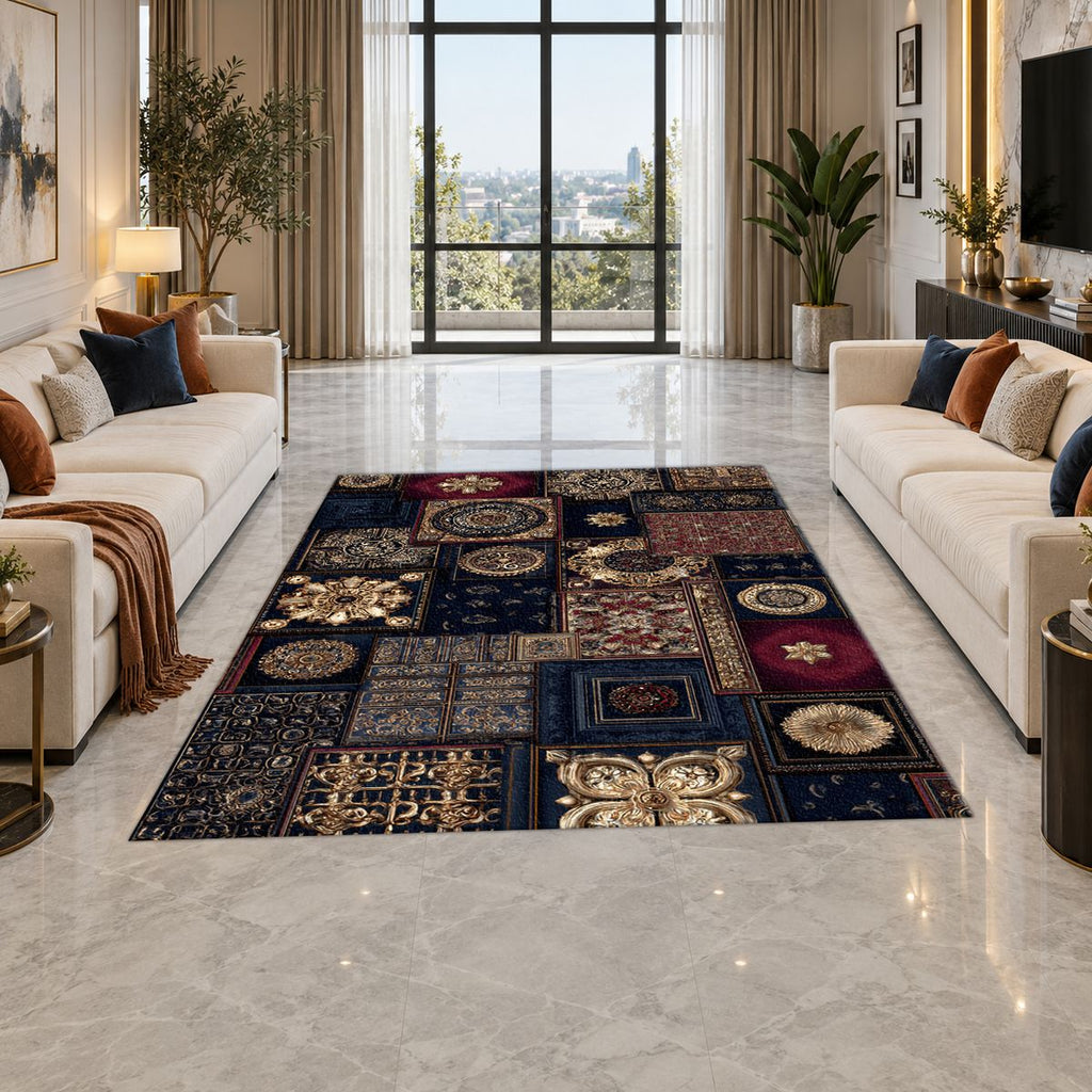 Navy and Gold Ornate Patchwork printed area rug